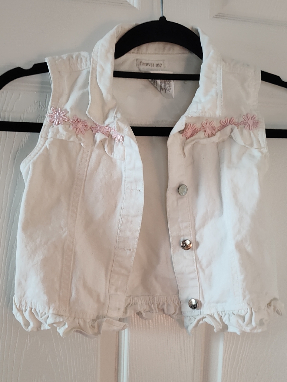 Forever Me White Denim Girls' Sleeveless Vest with Pink Floral Trim